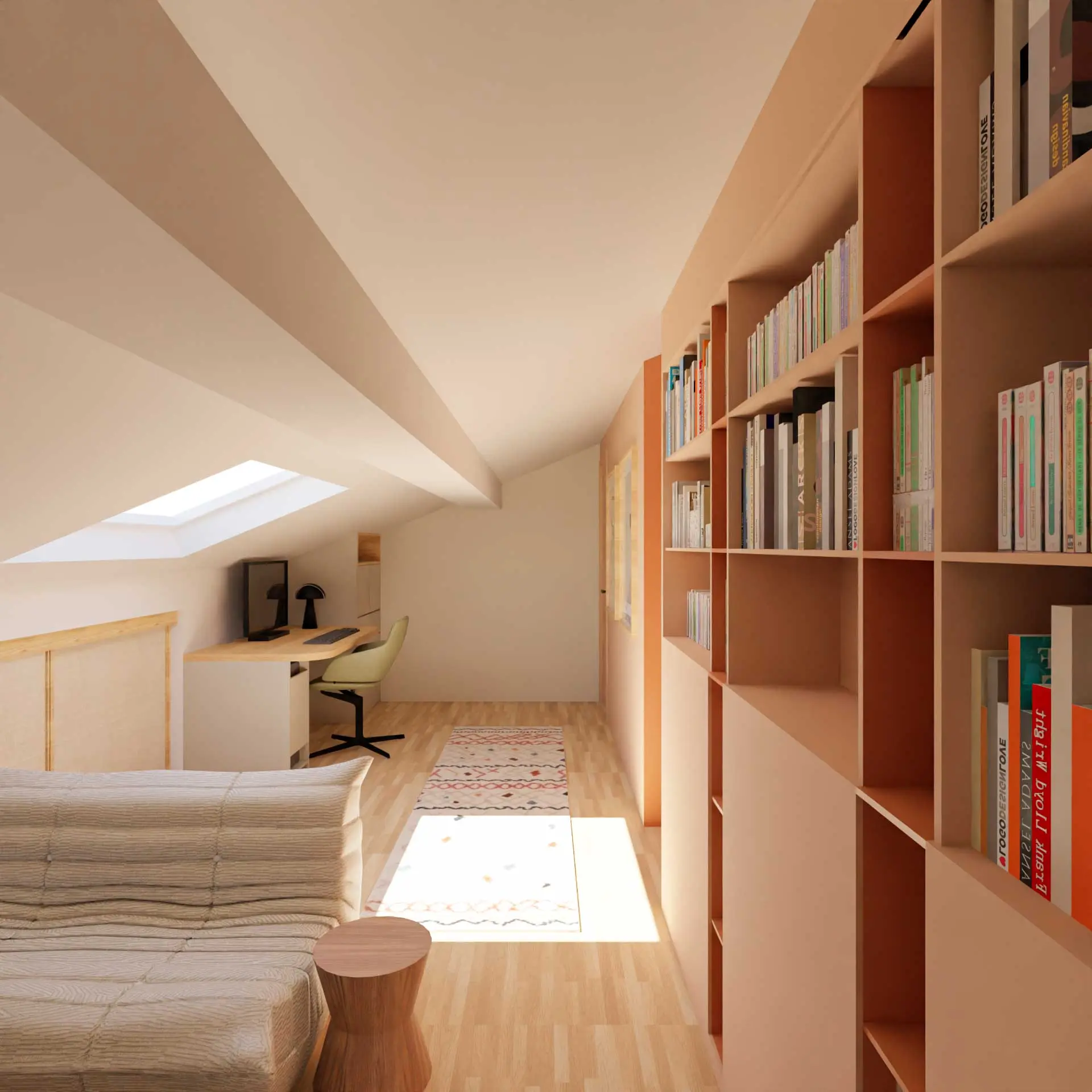 aménagement combles bureau télétravail coin bibliothèque familial maison de maître Bordeaux