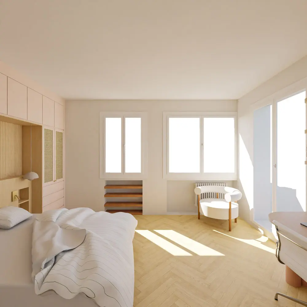 chambre arche rangement bureau sur mesure camaïeu roses bois clair architecture intérieure