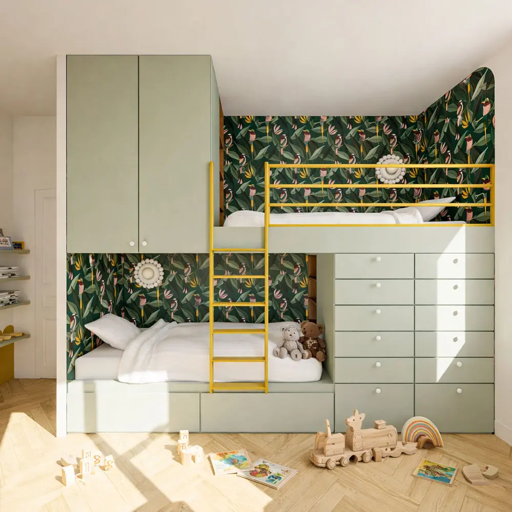 chambre enfants dortoir sur mesure vert menthe lit superposé papier peint tropical graphique vert