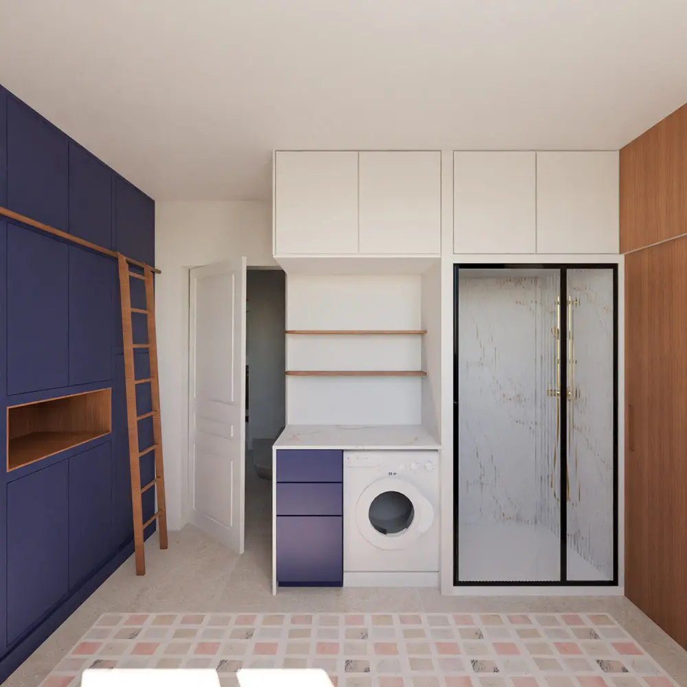 arrière cuisine cellier bleu nuit noyer marbre sur mesure rénovation maison de maître Hyères