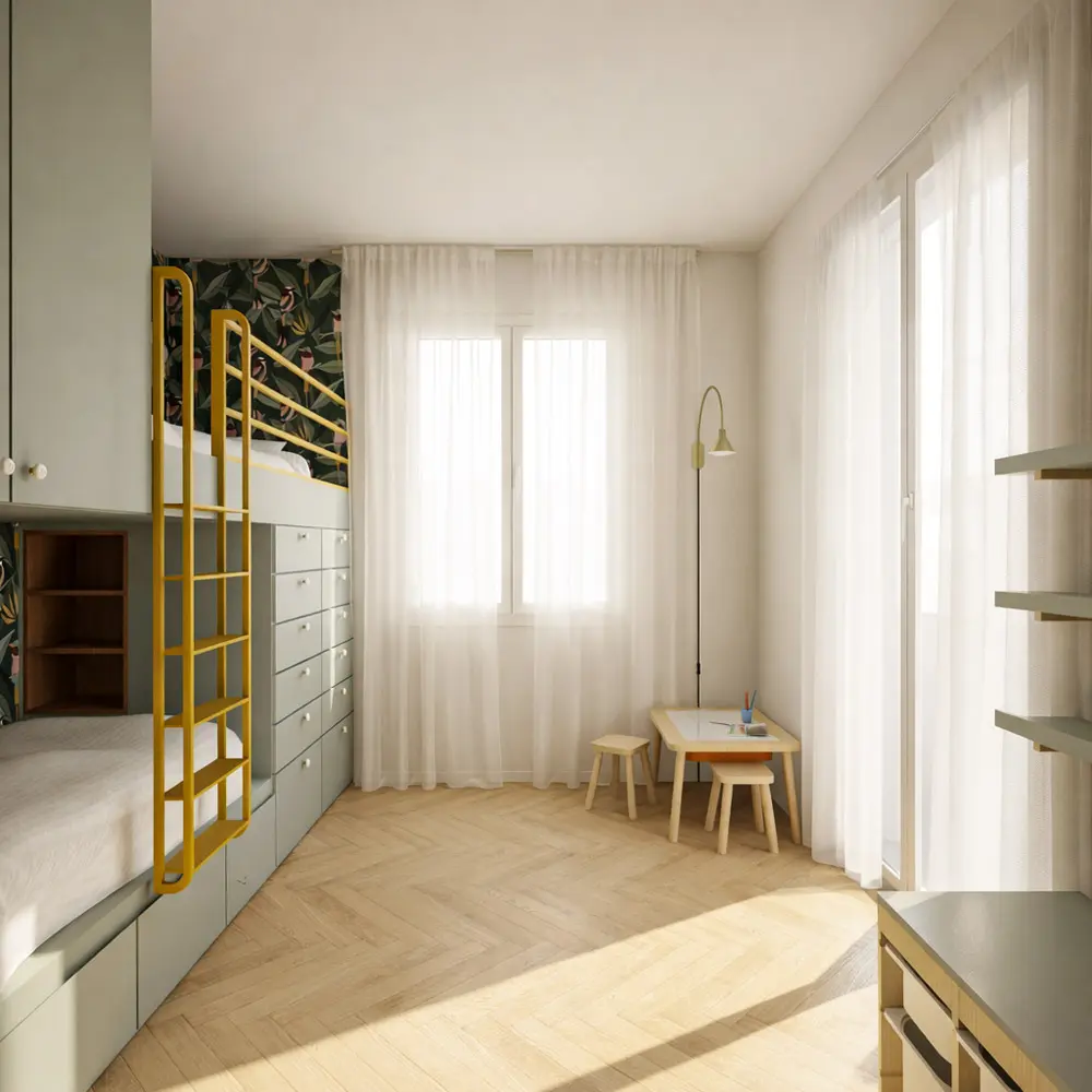 chambre enfants dortoir sur mesure vert menthe lit superposé