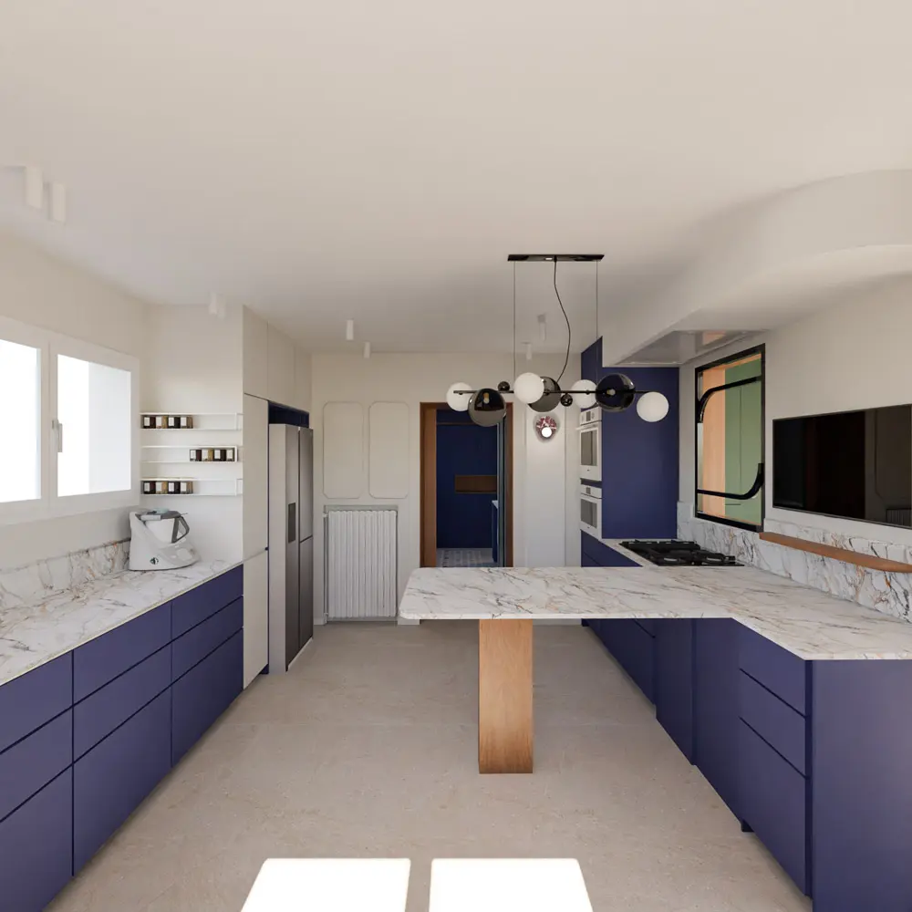 cuisine bleu nuit marbre noyer sur mesure architecture intérieure
