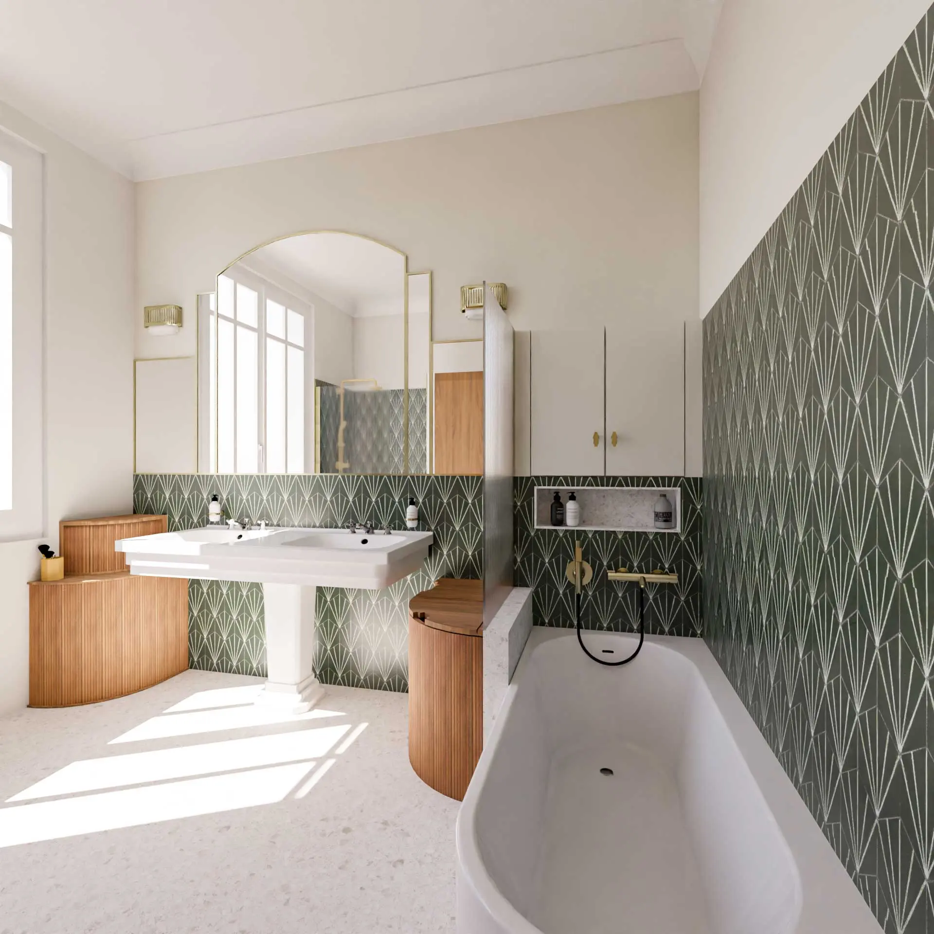 salle de bain Art Déco baignoire semi-îlot carrelage vert granito vasque sur pied laiton Bordeaux