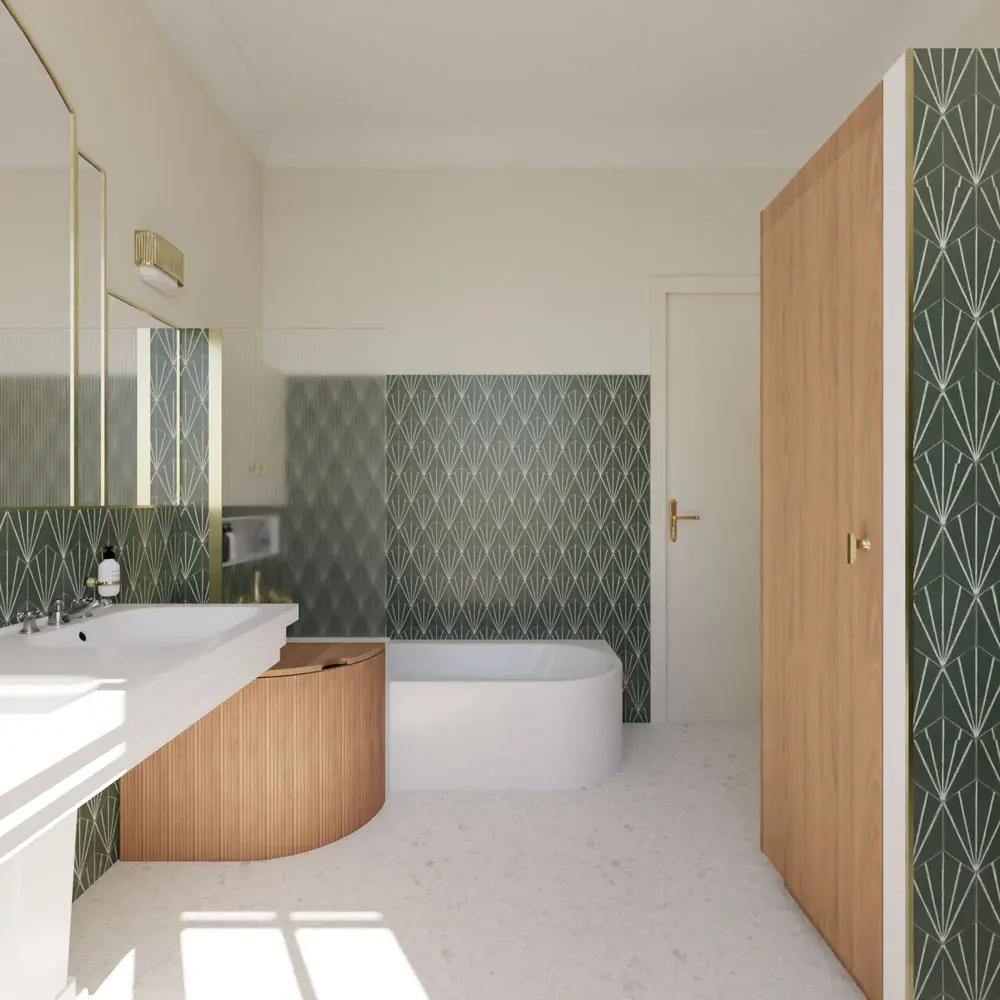 salle de bain Art Déco baignoire semi-îlot carrelage vert granito vasque sur pied laiton Bordeaux