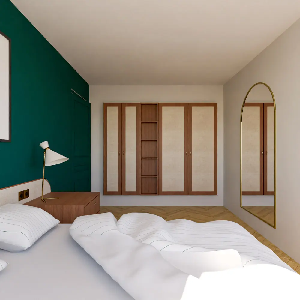 chambre sur mesure rangements noyer rafia bleu vert laiton rénovation maison de maître