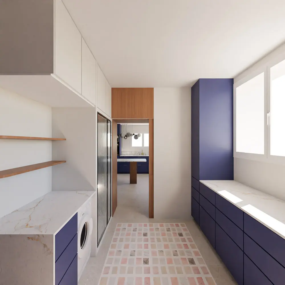 arrière cuisine cellier bleu nuit noyer marbre sur mesure rénovation maison de maître Hyères