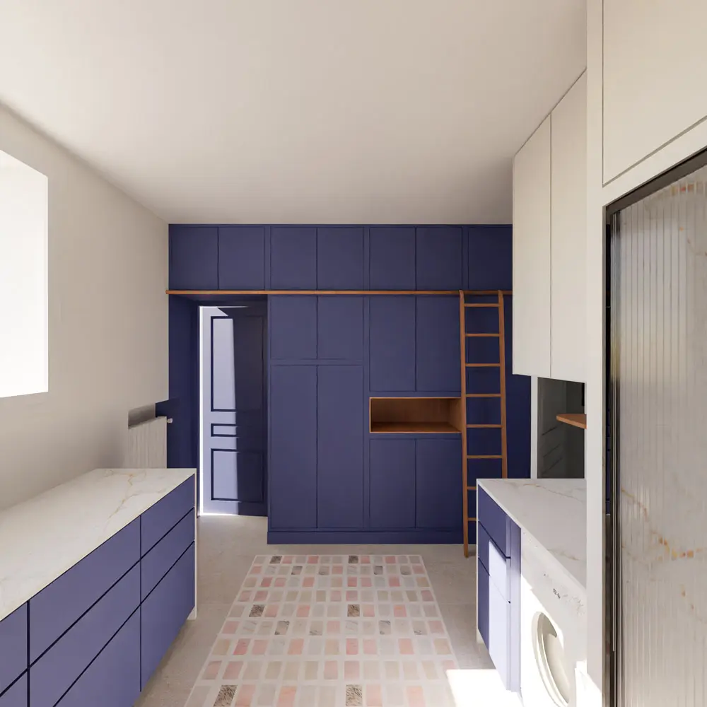 arrière cuisine cellier bleu nuit noyer marbre sur mesure rénovation maison de maître Hyères