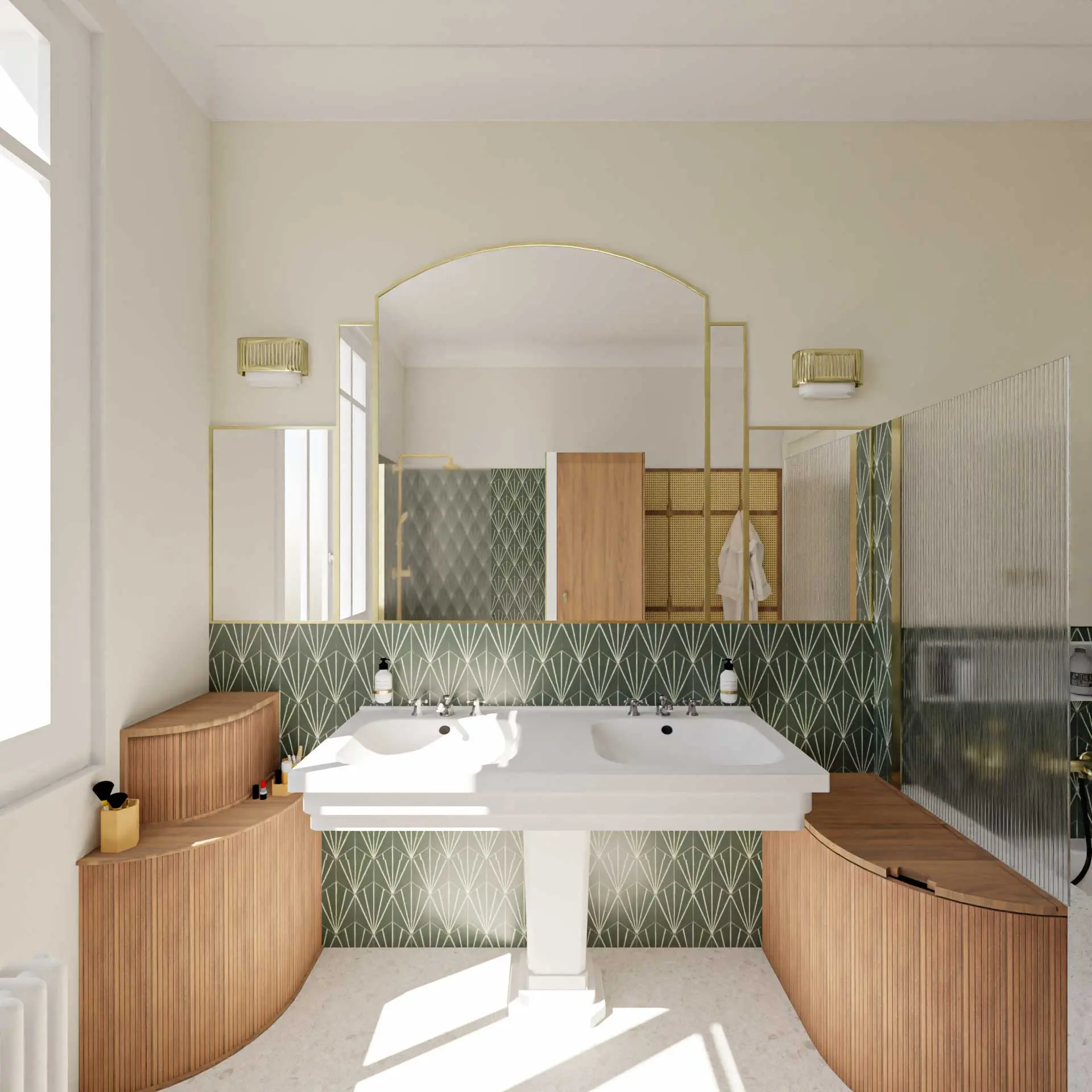 salle de bain Art Déco baignoire semi-îlot carrelage vert granito vasque sur pied laiton Bordeaux