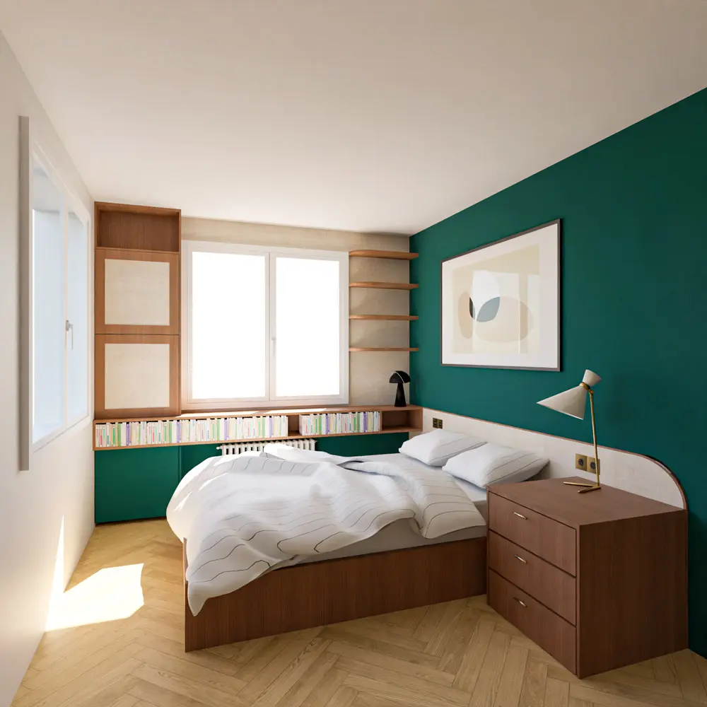 chambre sur mesure rangements noyer rafia bleu vert laiton rénovation maison de maître