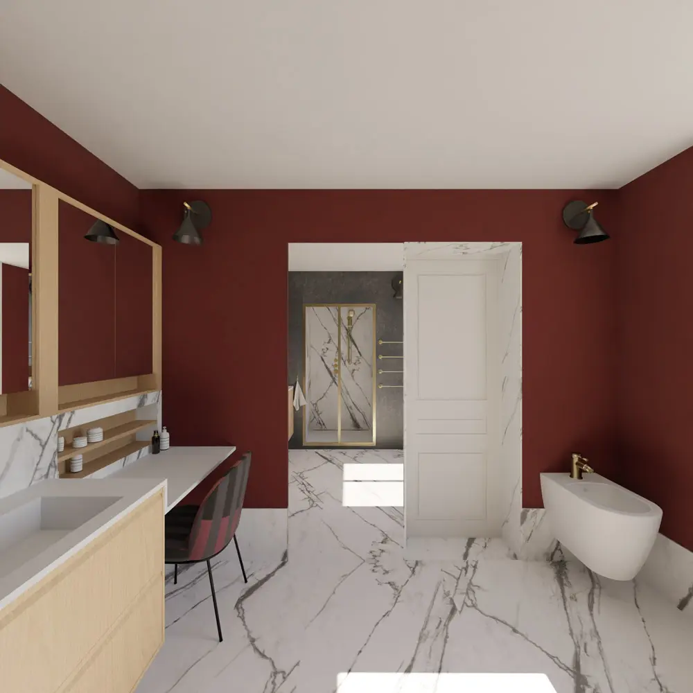 salle d'eau ensuite master marbre calacatta bordeaux laiton rénovation architecture intérieure Hyères