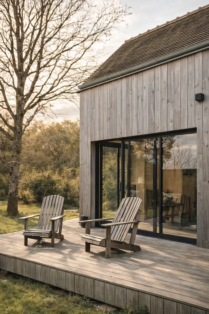 Tiny house baies vitrées dedans dehors terrasse bardage bois Perche