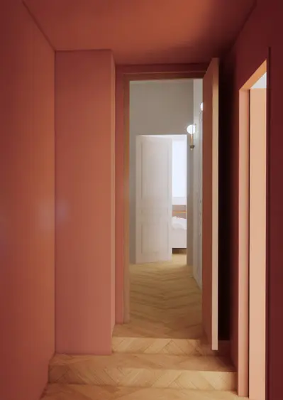 palier couloir soubassements moulurés cimaises papier peint panoramique parquet bâtons rompus maison de maître Art Déco