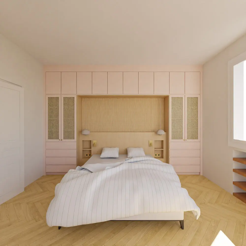 chambre arche rangement bureau sur mesure camaïeu roses bois clair architecture intérieure