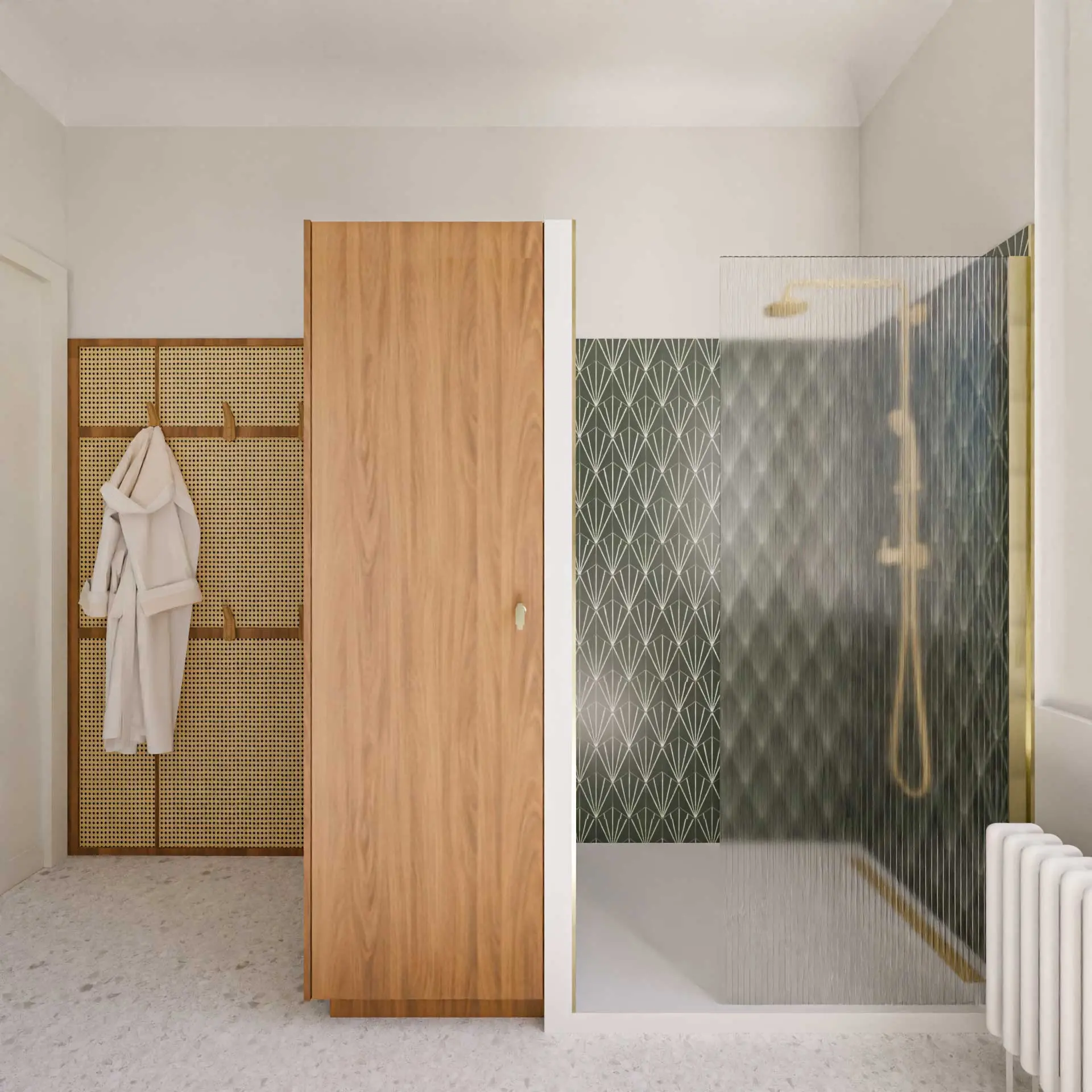 salle de bain Art Déco baignoire semi-îlot carrelage vert granito vasque sur pied laiton Bordeaux