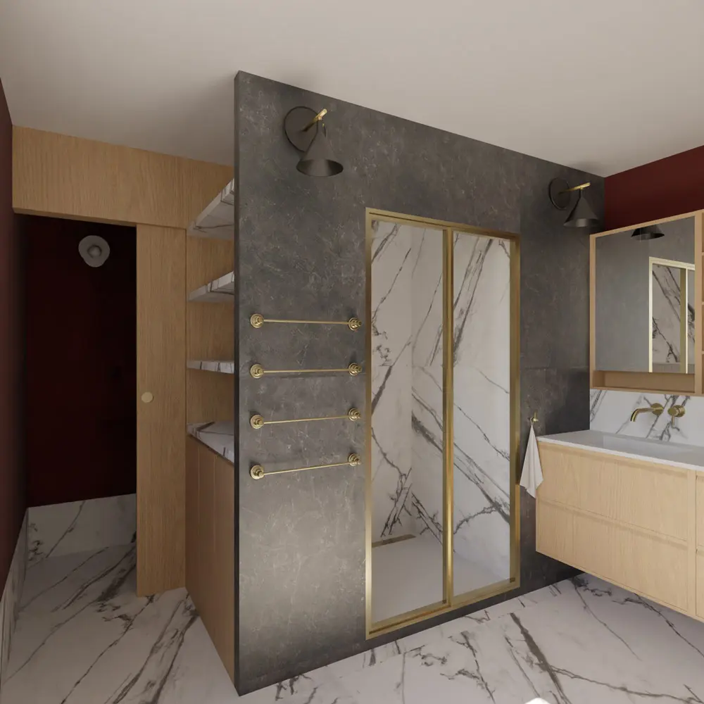 salle d'eau ensuite master marbre calacatta bordeaux laiton rénovation architecture intérieure Hyères
