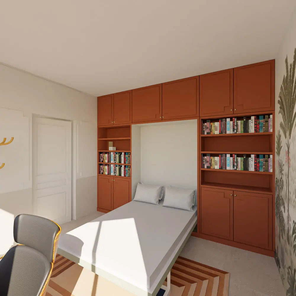 lit escamotable déployé chambre d'amis sur mesure bibliothèque terracotta architecture intérieure Hyères