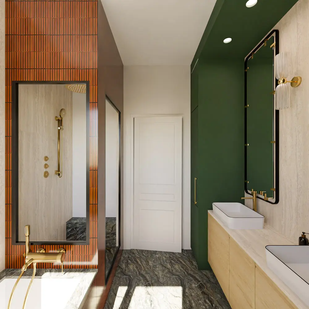 salle de bain mosaïque bordeaux marbre noir laiton rénovation