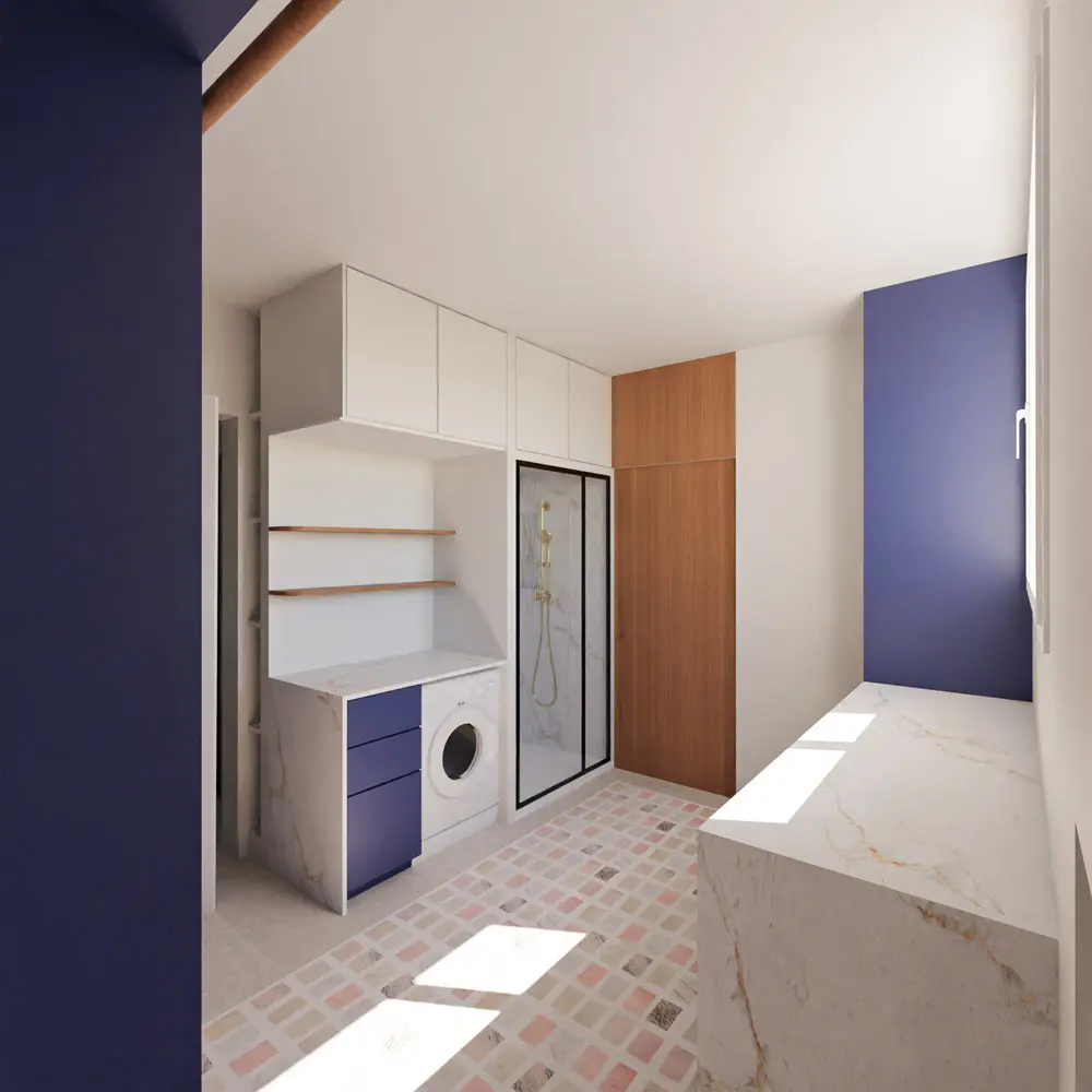 arrière cuisine cellier bleu nuit noyer marbre sur mesure rénovation maison de maître Hyères