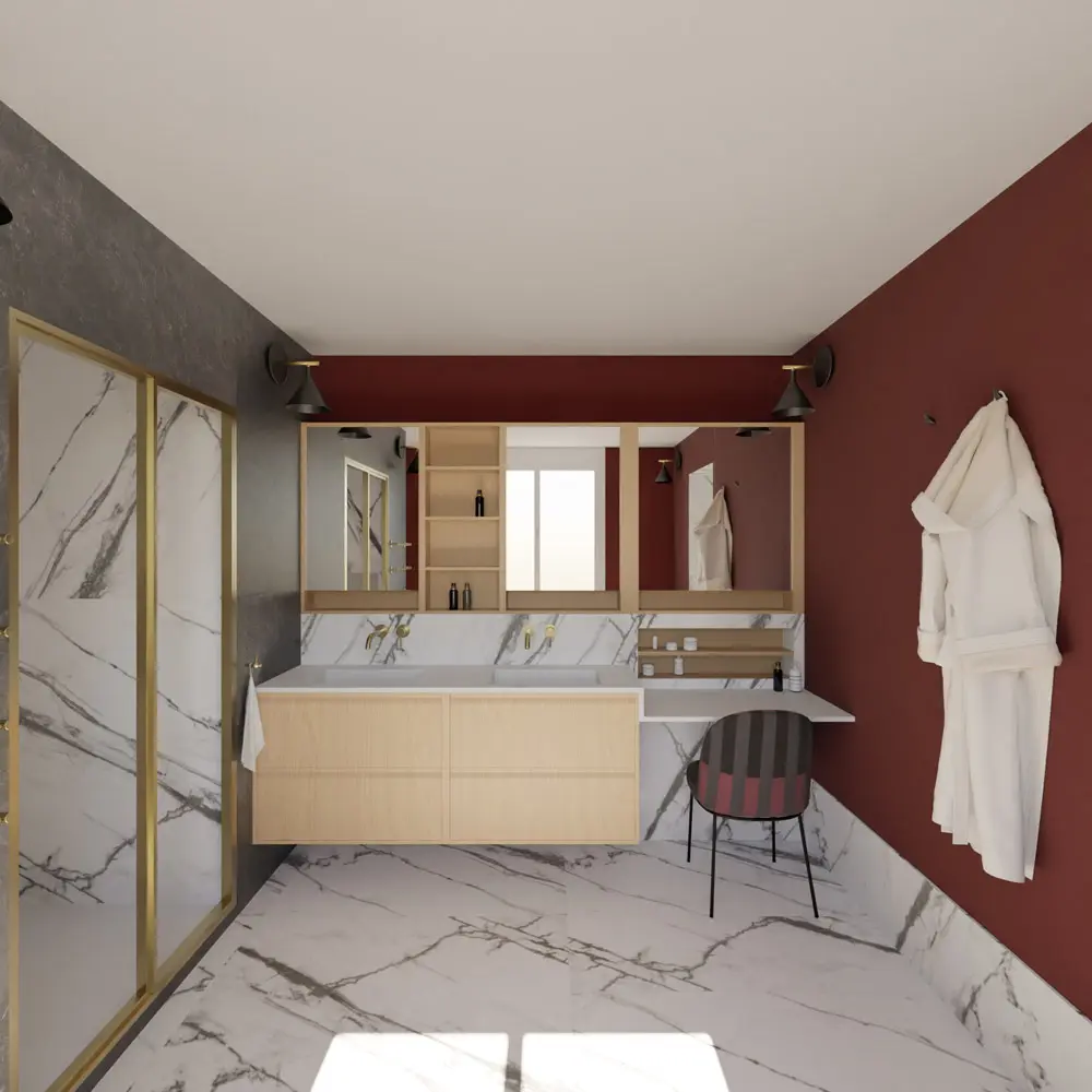 salle d'eau ensuite master marbre calacatta bordeaux laiton rénovation architecture intérieure Hyères
