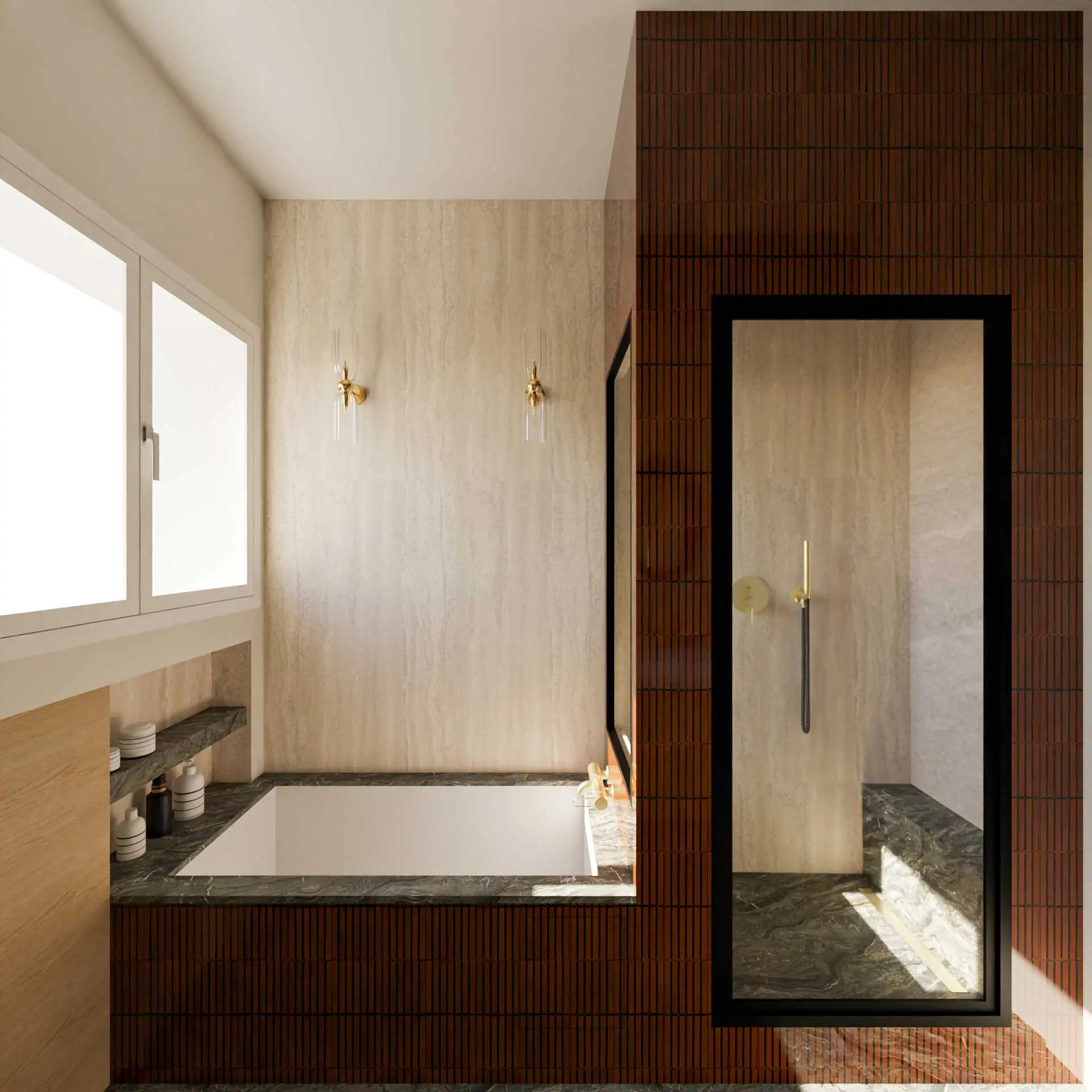 salle de bain mosaïque bordeaux marbre noir laiton rénovation