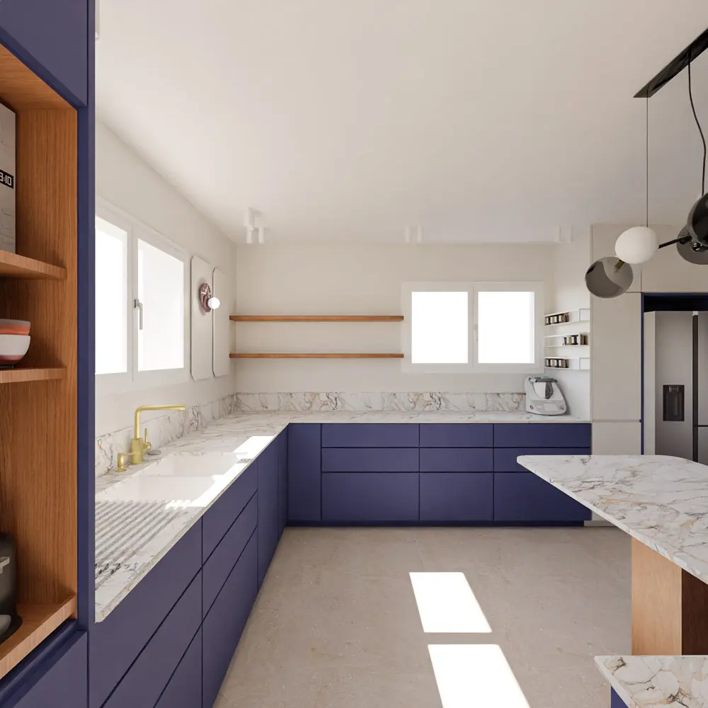 cuisine bleu nuit marbre noyer sur mesure architecture intérieure