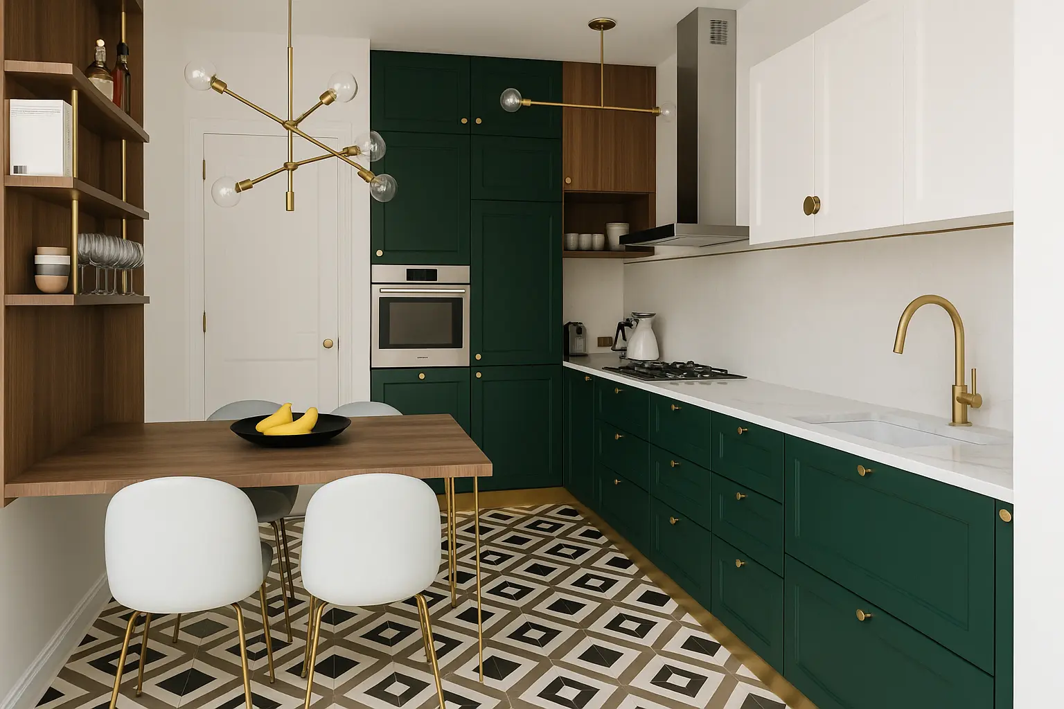 cuisine Art Déco vert forêt laiton carrelage motif noyer maison de maître Bordeaux