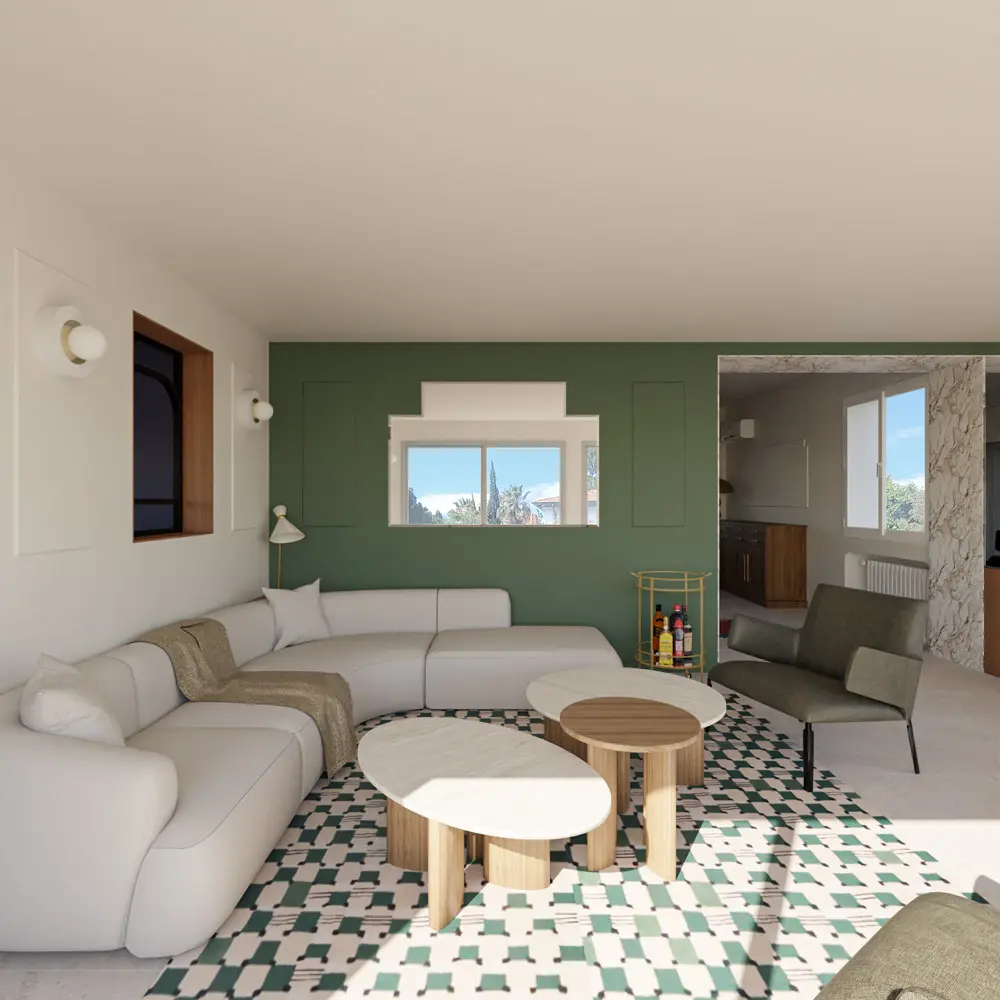 salon canapé d'angle canapé courbe pièce à vivre rénovation maison de maître Var