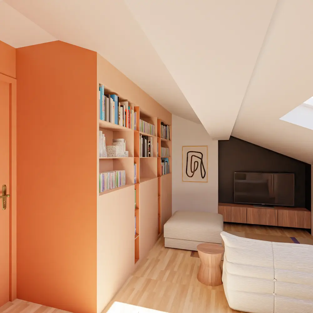 aménagement combles bureau télétravail coin bibliothèque familial maison de maître Bordeaux