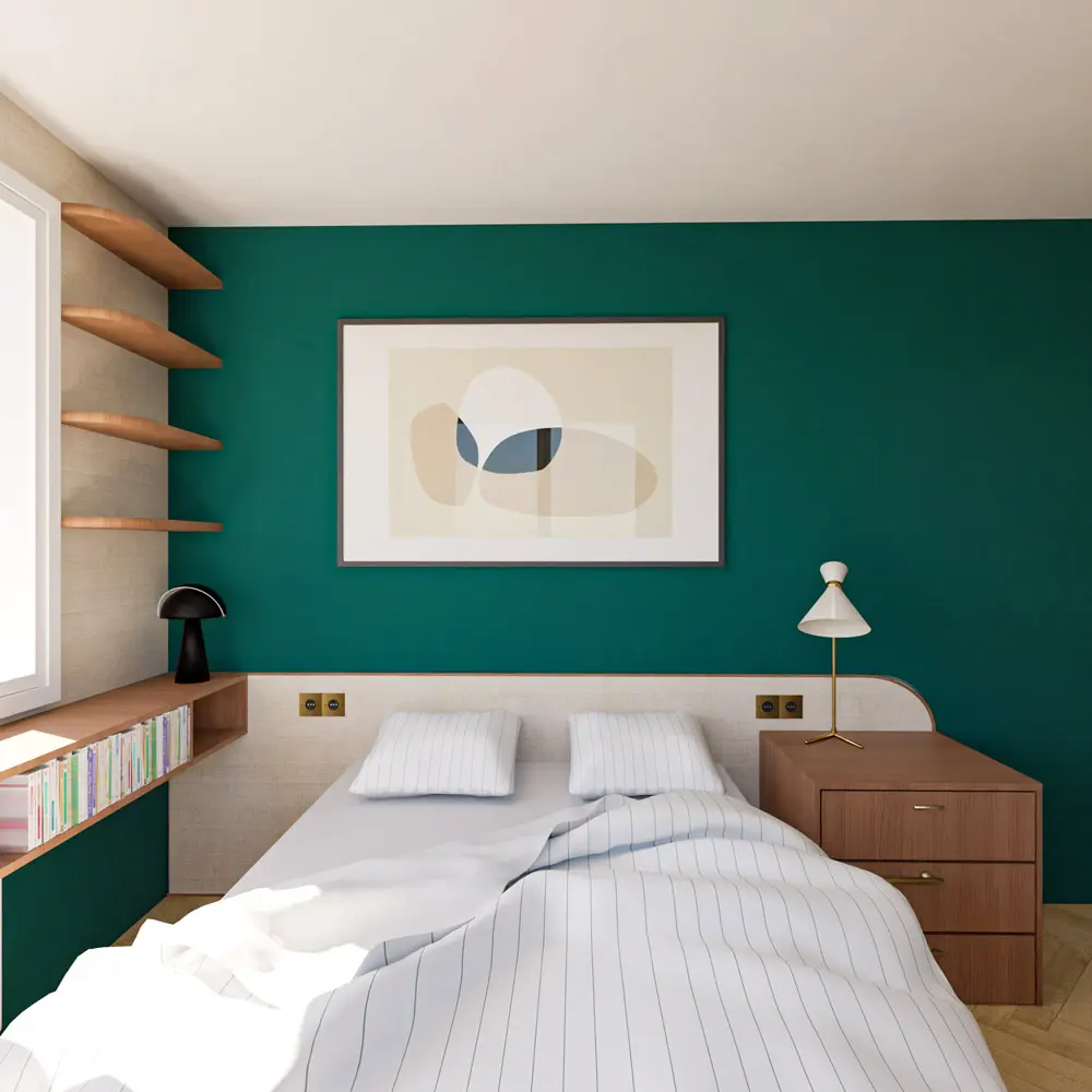 chambre sur mesure rangements noyer rafia bleu vert laiton rénovation maison de maître