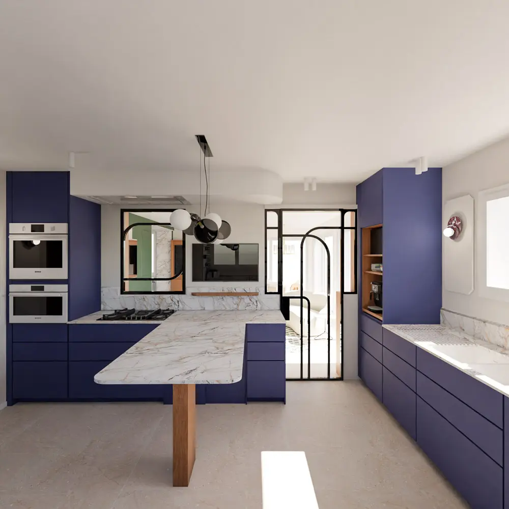 cuisine bleu nuit marbre noyer sur mesure architecture intérieure