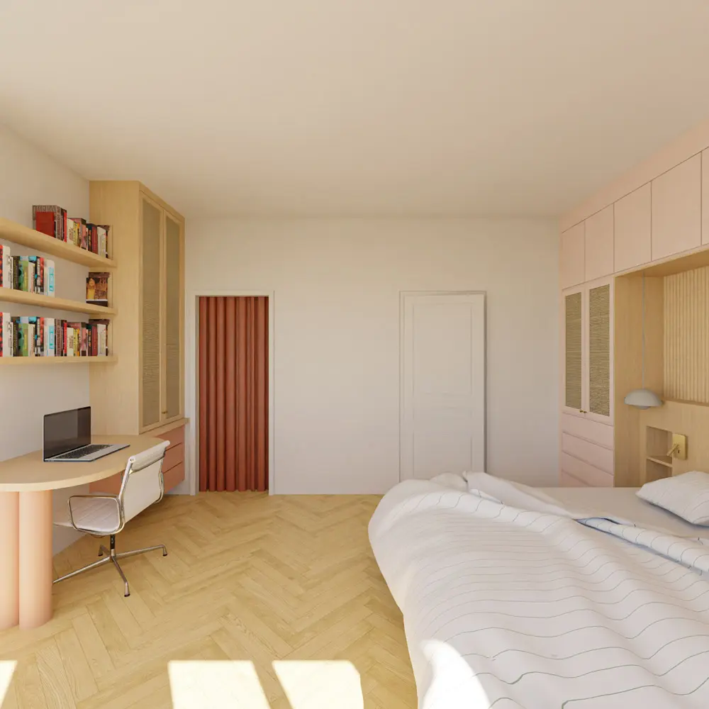 chambre arche rangement bureau sur mesure camaïeu roses bois clair architecture intérieure