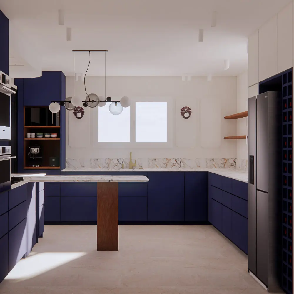 cuisine bleu nuit marbre noyer sur mesure architecture intérieure