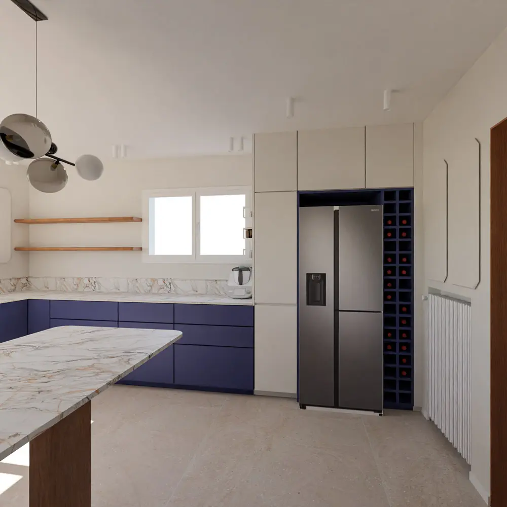 cuisine bleu nuit marbre noyer sur mesure architecture intérieure
