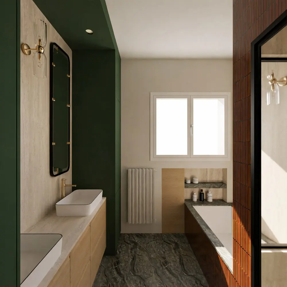 salle de bain mosaïque bordeaux marbre noir laiton rénovation