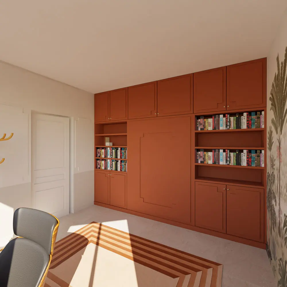 bureau intégré bibliothèque sur mesure terracotta chambre d'amis rénovation maison de maître Var