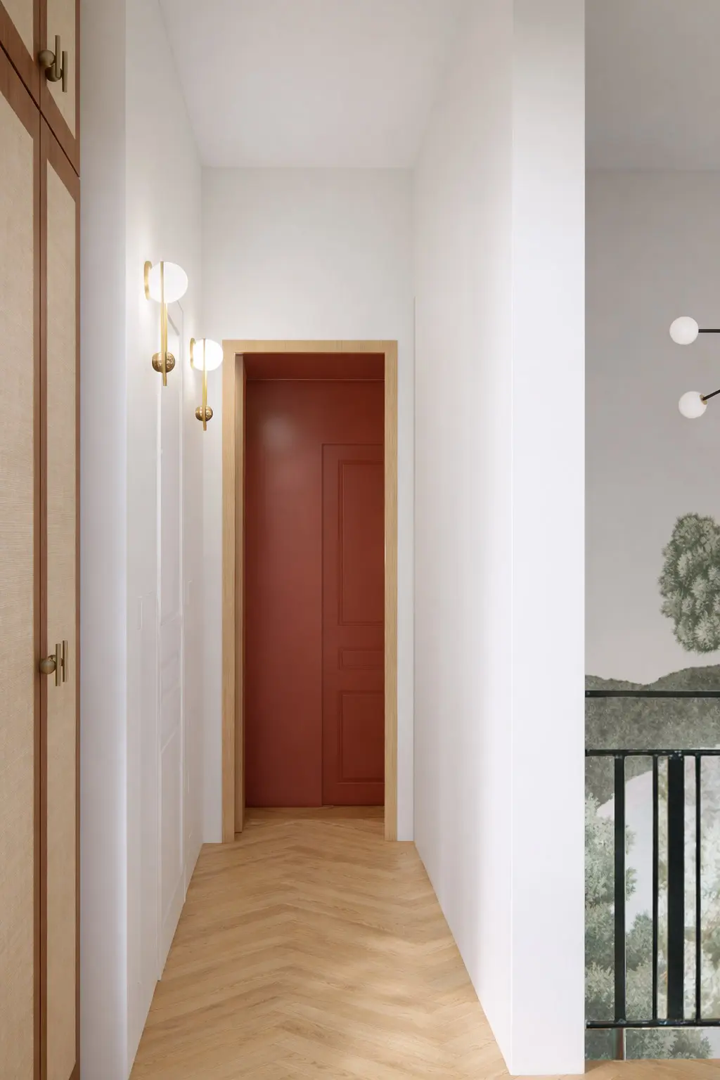 palier couloir soubassements moulurés cimaises papier peint panoramique parquet bâtons rompus maison de maître Art Déco