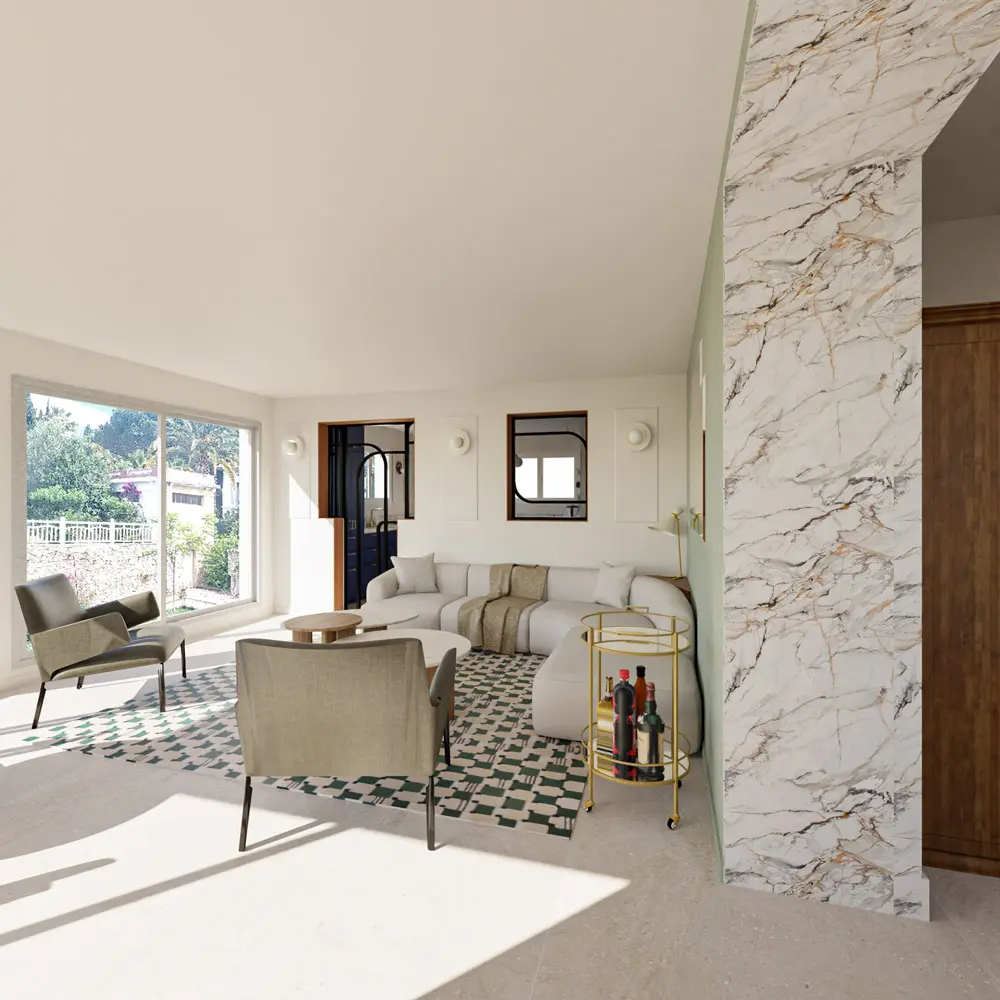 salon canapé d'angle canapé courbe pièce à vivre rénovation maison de maître Var