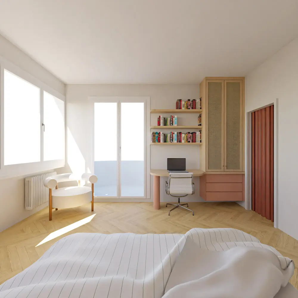 chambre arche rangement bureau sur mesure camaïeu roses bois clair architecture intérieure