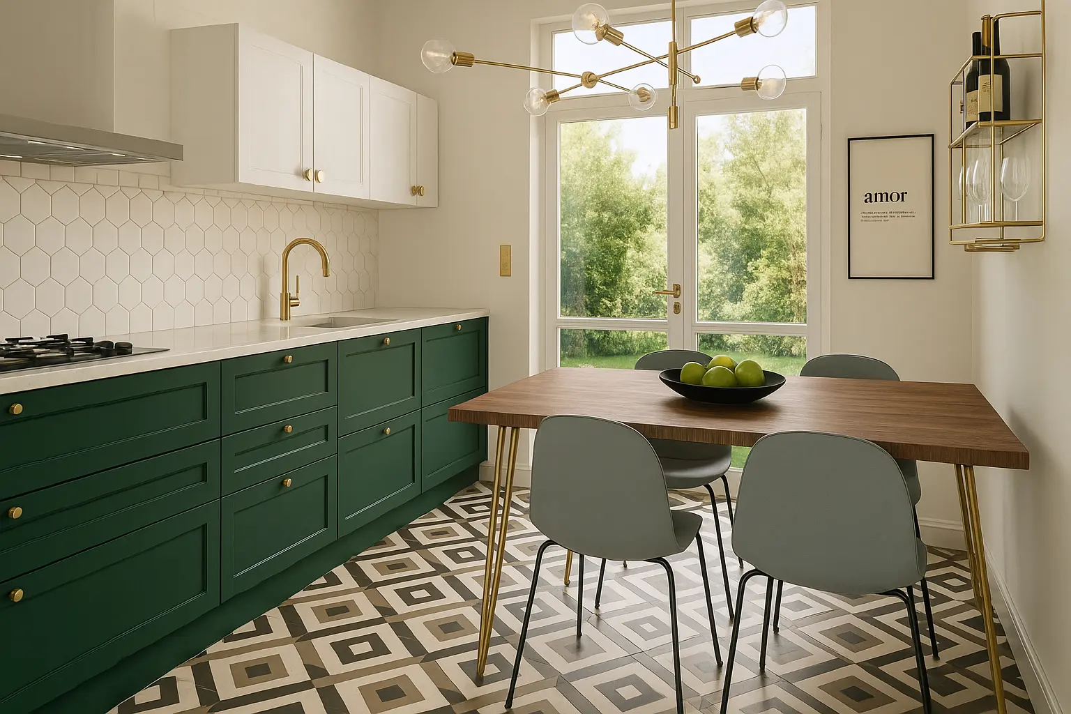 cuisine Art Déco vert forêt laiton carrelage motif noyer maison de maître Bordeaux